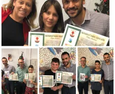 Na foto: Participantes do Projeto recebendo Diploma e Livreto do Secretário Municipal de Educação e Cultura de Almirante Tamandaré, Sr. Jucie Pereira e do Presidente do Conselho Municipal da Diretoria da Criança e Adolescente Sr. Robson Francisco da Costa