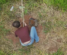 Estudante auxiliando no plantio