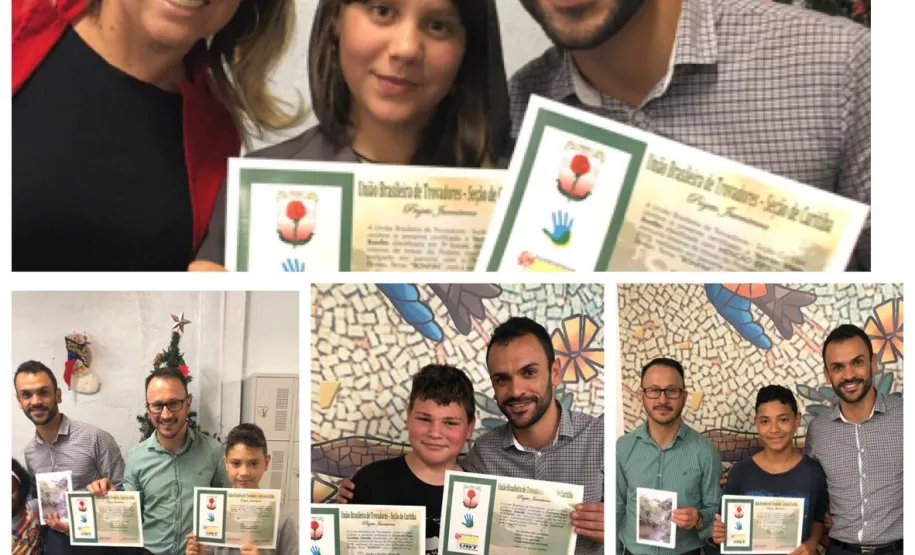 Na foto: Participantes do Projeto recebendo Diploma e Livreto do Secretário Municipal de Educação e Cultura de Almirante Tamandaré, Sr. Jucie Pereira e do Presidente do Conselho Municipal da Diretoria da Criança e Adolescente Sr. Robson Francisco da Costa