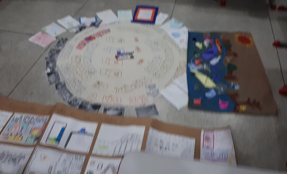 Mandala e Cartazes elaborados pelo grupo na Escola Municipal Dario Bordin União da Vitória/PR. Surgiu temas geradores como território e meio ambiente (dimensão socioambiental), trabalho e os movimentos em rede – interações com a escola, família, educadores, estudantes, nas dimensões econômicas, políticas, culturais, da saúde, entre outras.