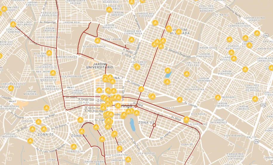 Mapa de Ciclovias e Paraciclos.
